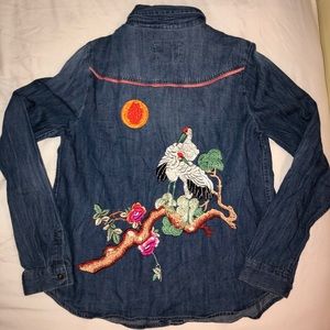 Embroidered button-down denim blouse